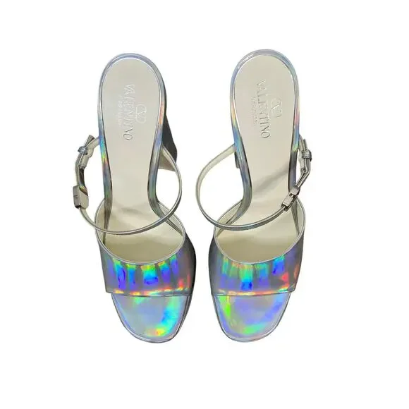 Valentino Garavani Tan-go Iridescent Platform Pumps Block Heels Silver Sz 11